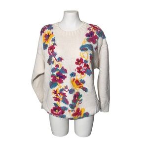 Hand Knit Vintage White Cotton Blend Floral Sweater